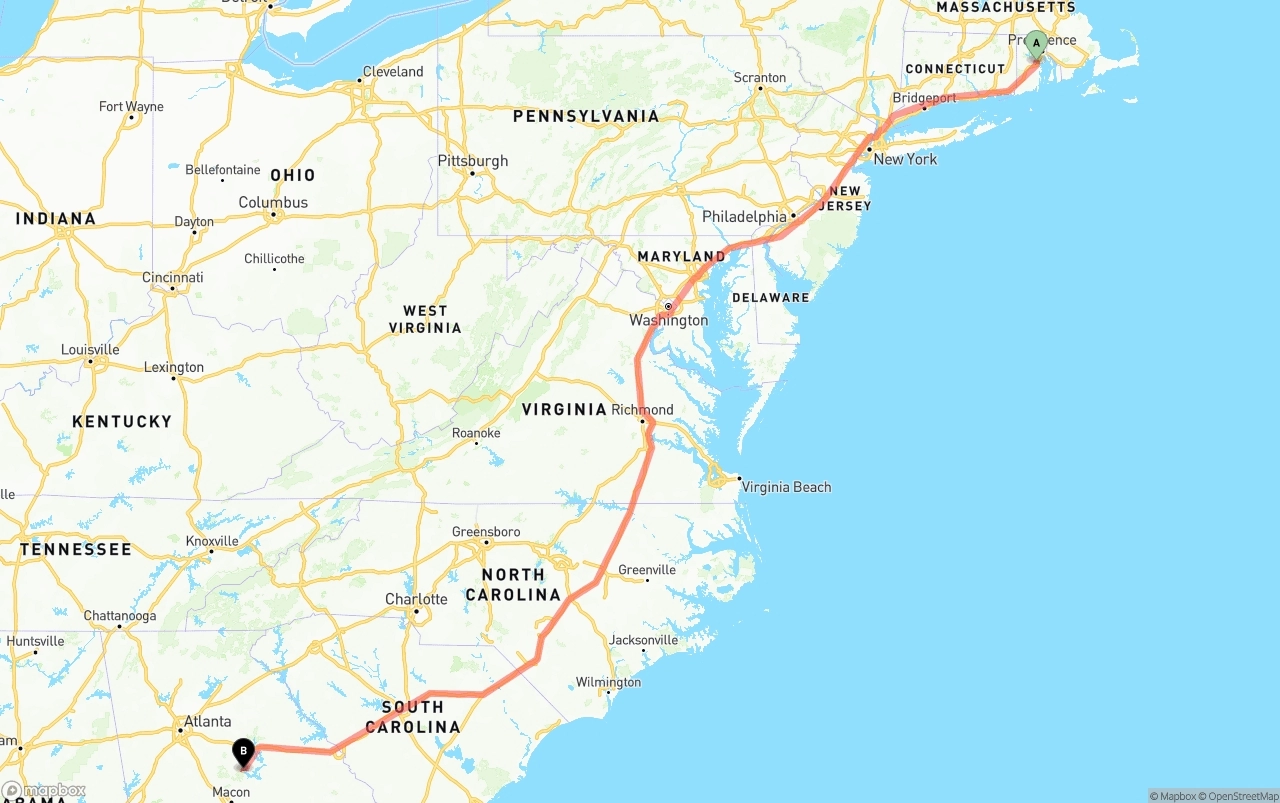 Shipping route from Rhode Island to Georgia