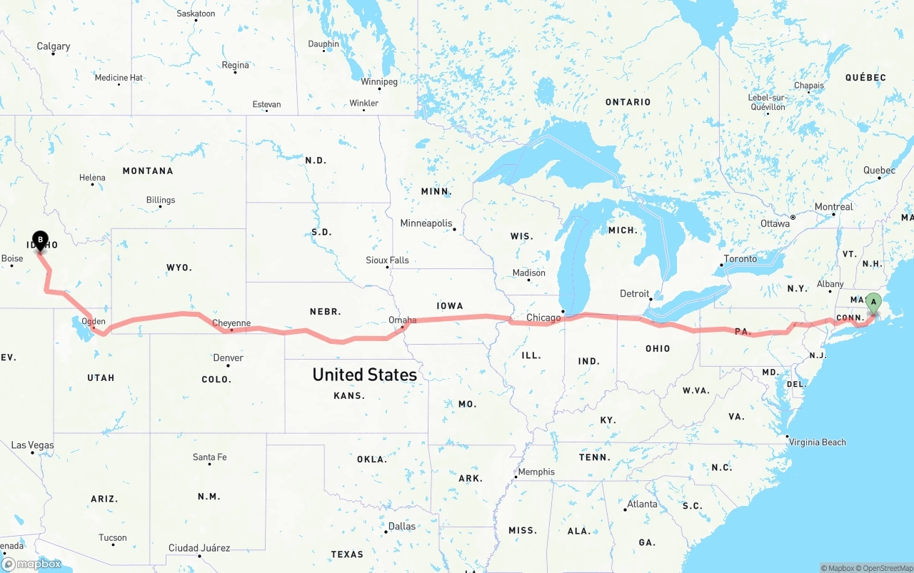 Shipping route from Rhode Island to Idaho