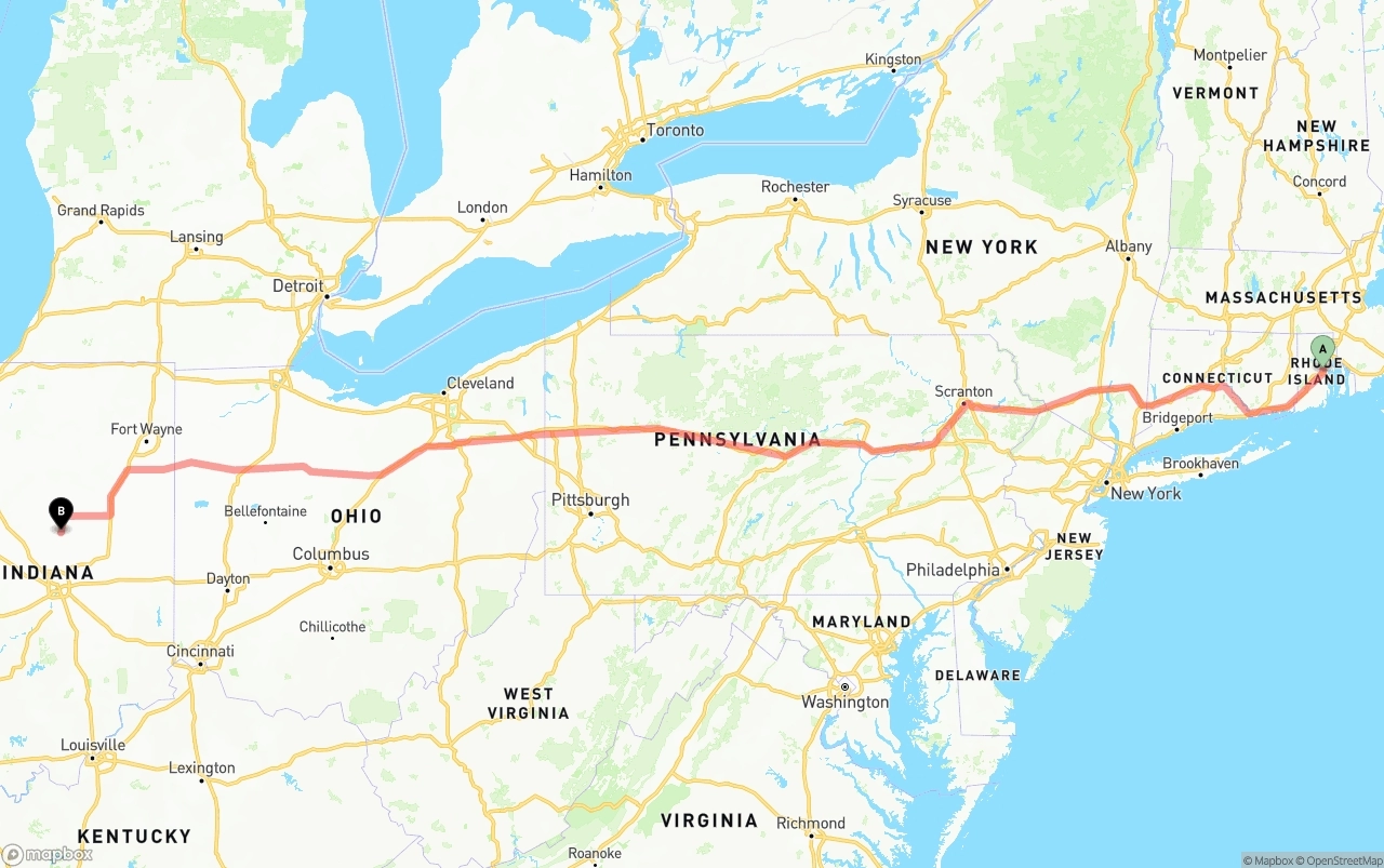 Shipping route from Rhode Island to Indiana