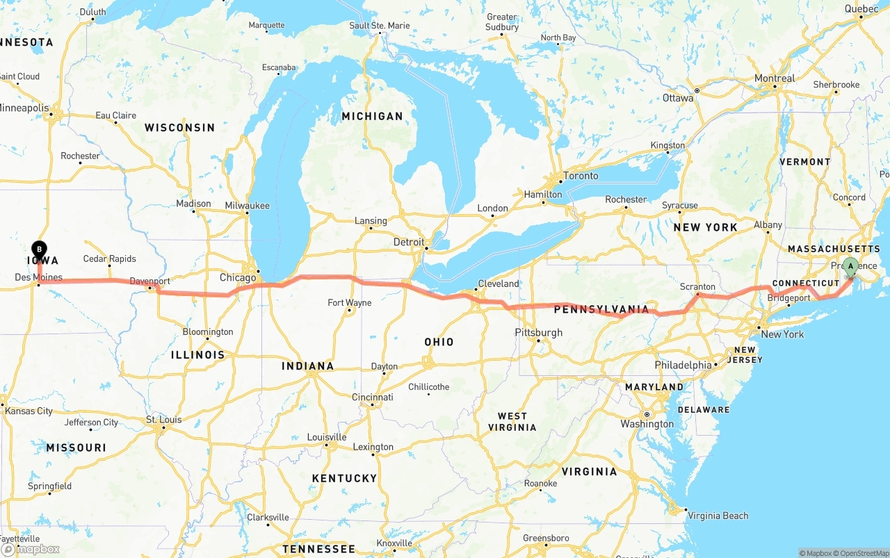 Shipping route from Rhode Island to Iowa
