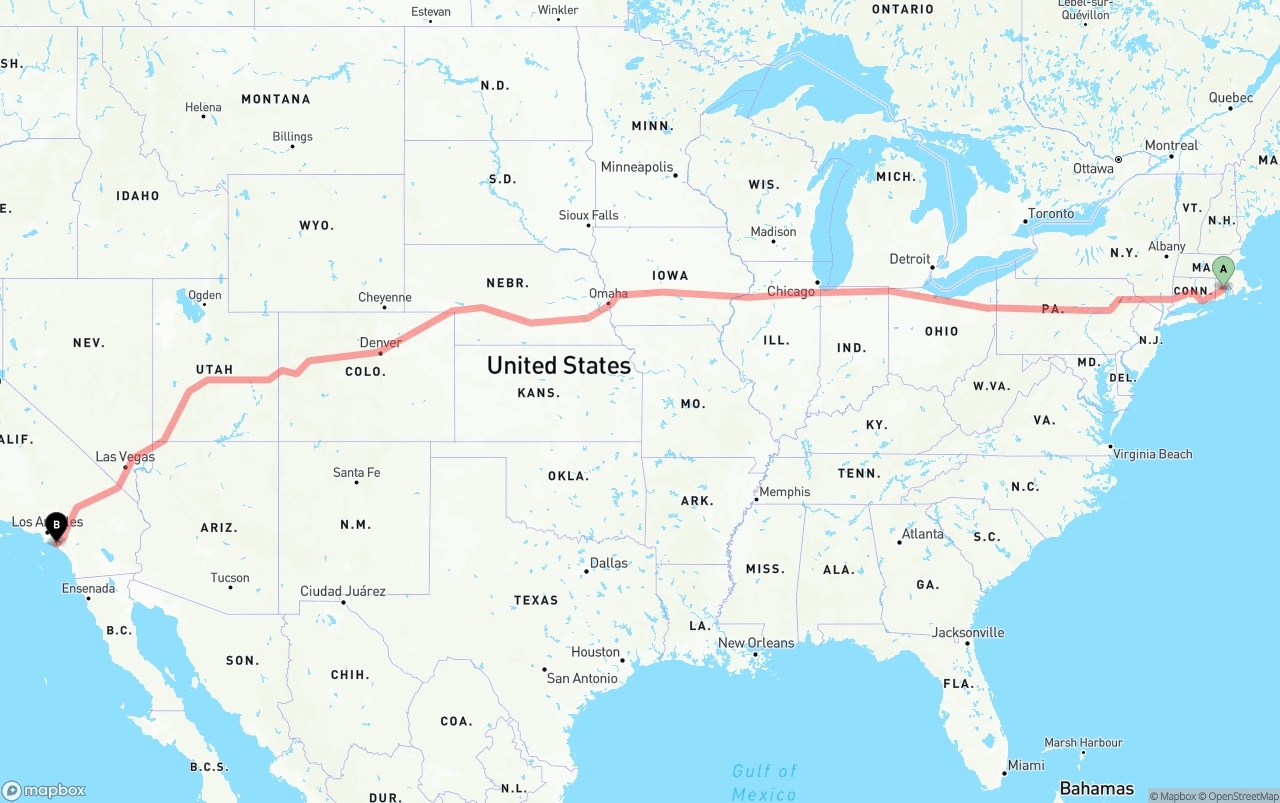 Shipping route from Rhode Island to John Wayne Airport — Orange County