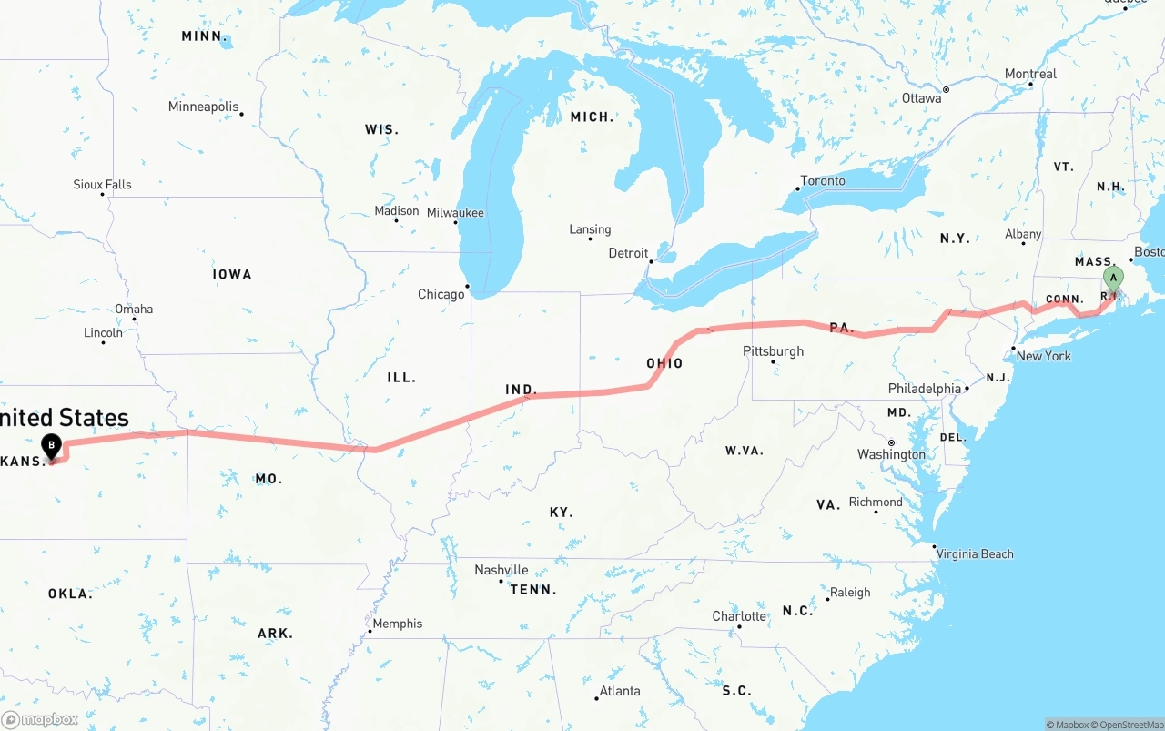 Shipping route from Rhode Island to Kansas
