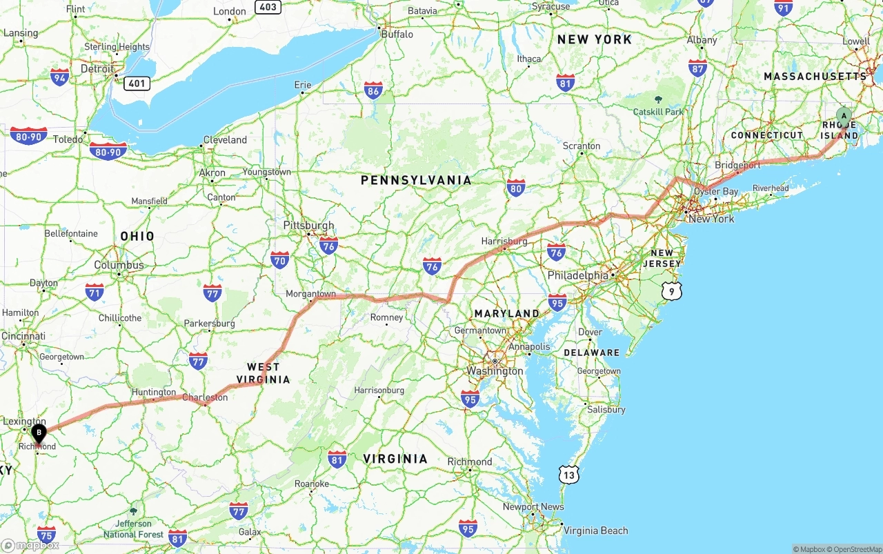 Shipping route from Rhode Island to Kentucky