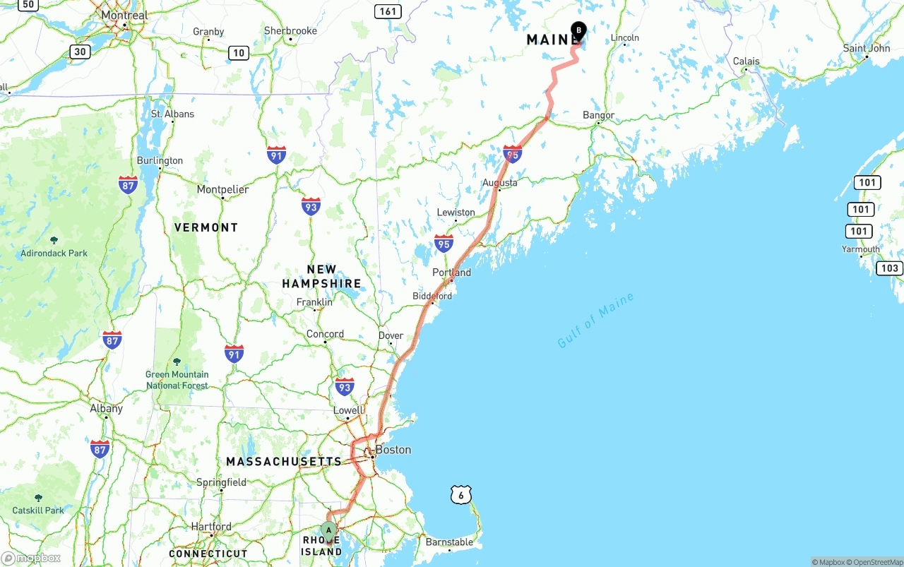 Shipping route from Rhode Island to Maine