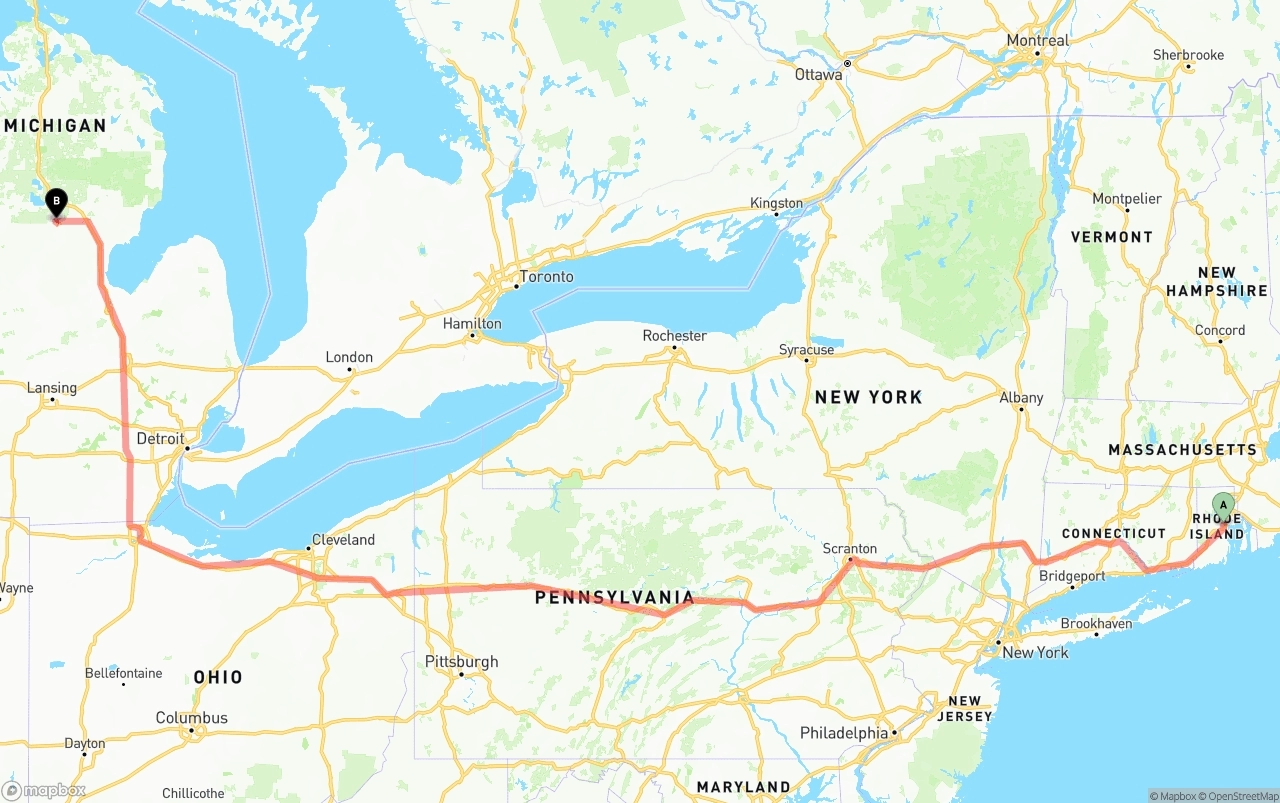 Shipping route from Rhode Island to Michigan