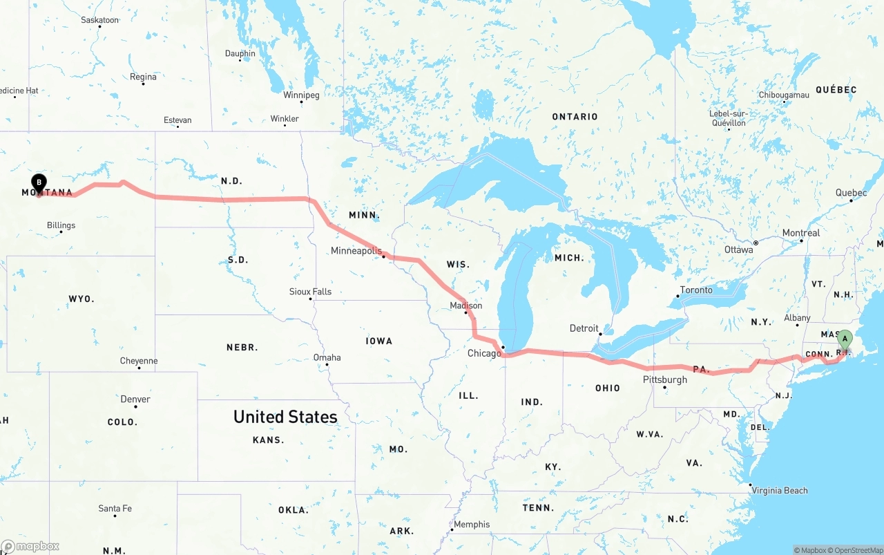 Shipping route from Rhode Island to Montana