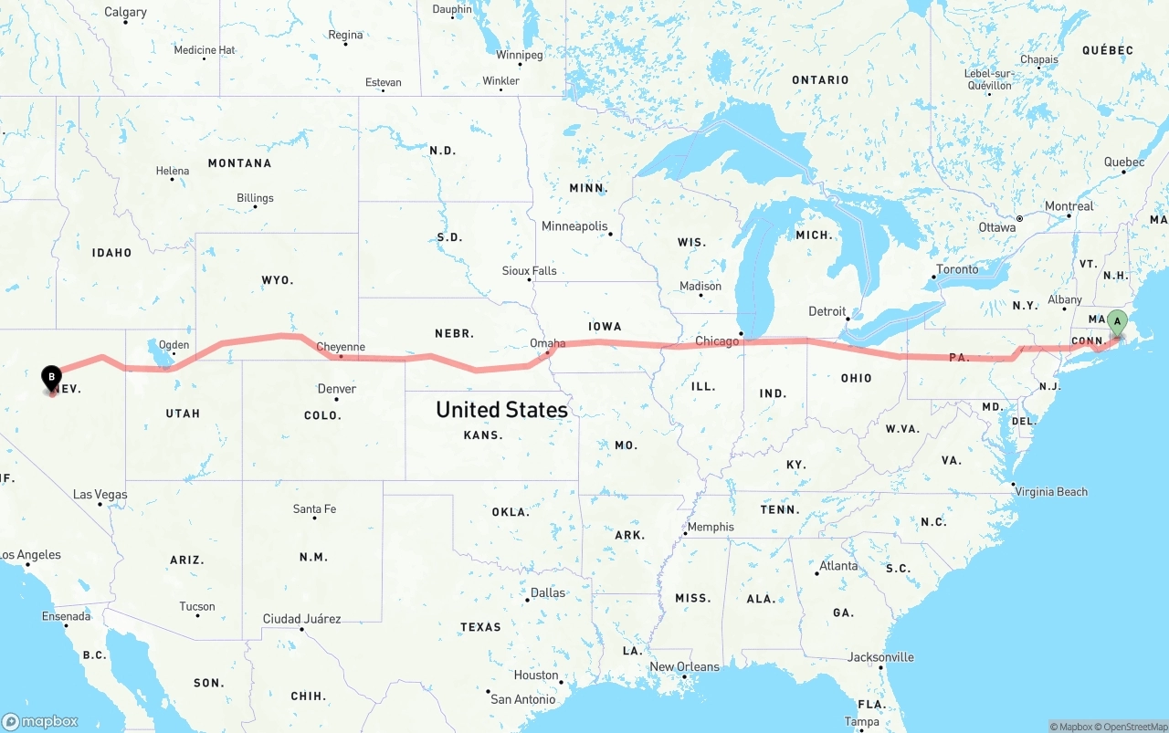Shipping route from Rhode Island to Nevada