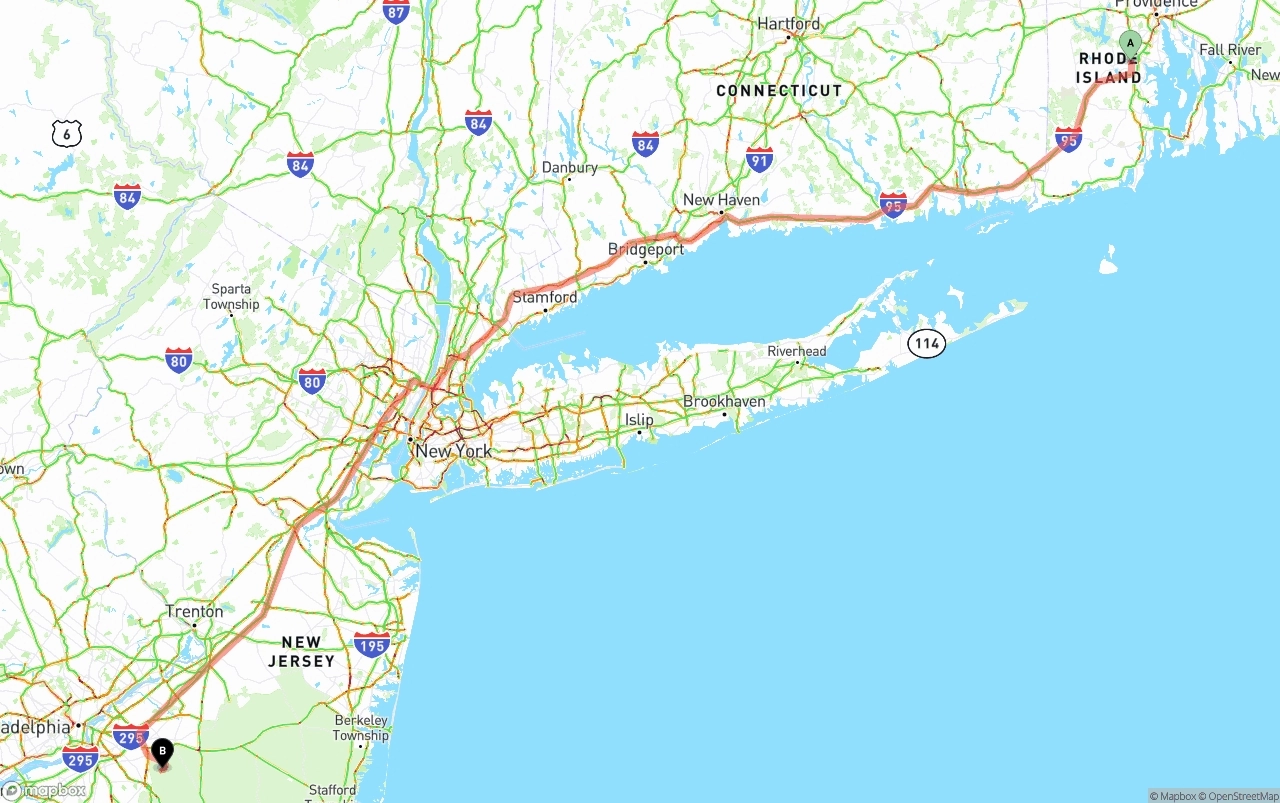Shipping route from Rhode Island to New Jersey