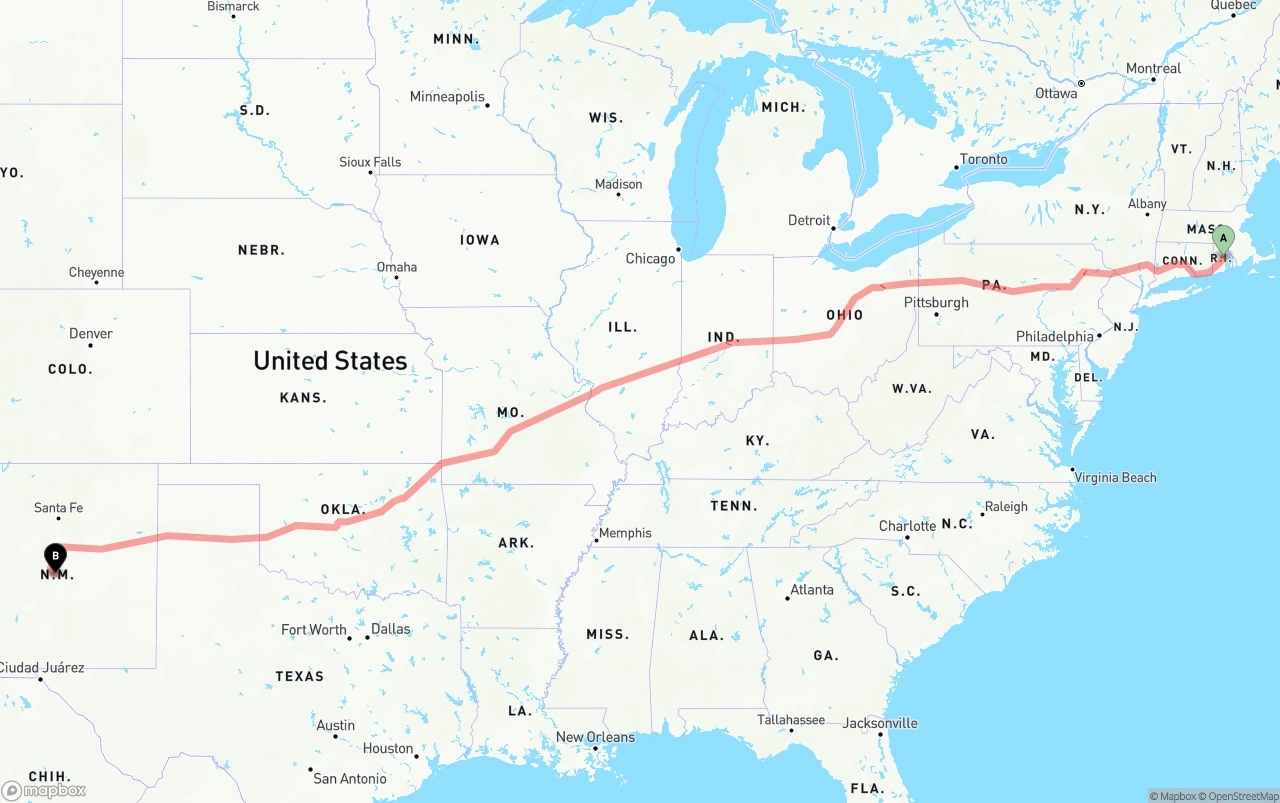 Shipping route from Rhode Island to New Mexico