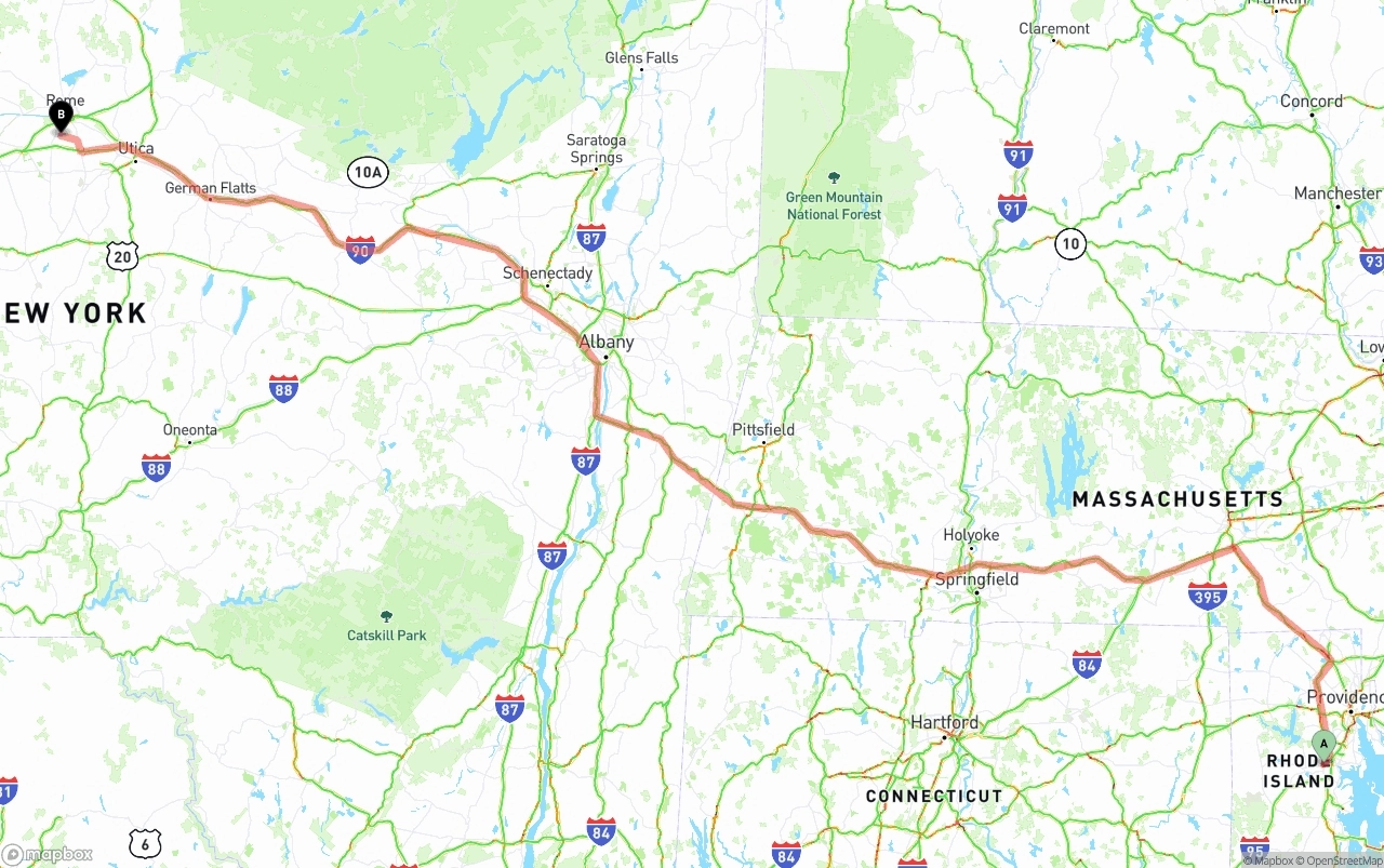 Shipping route from Rhode Island to New York