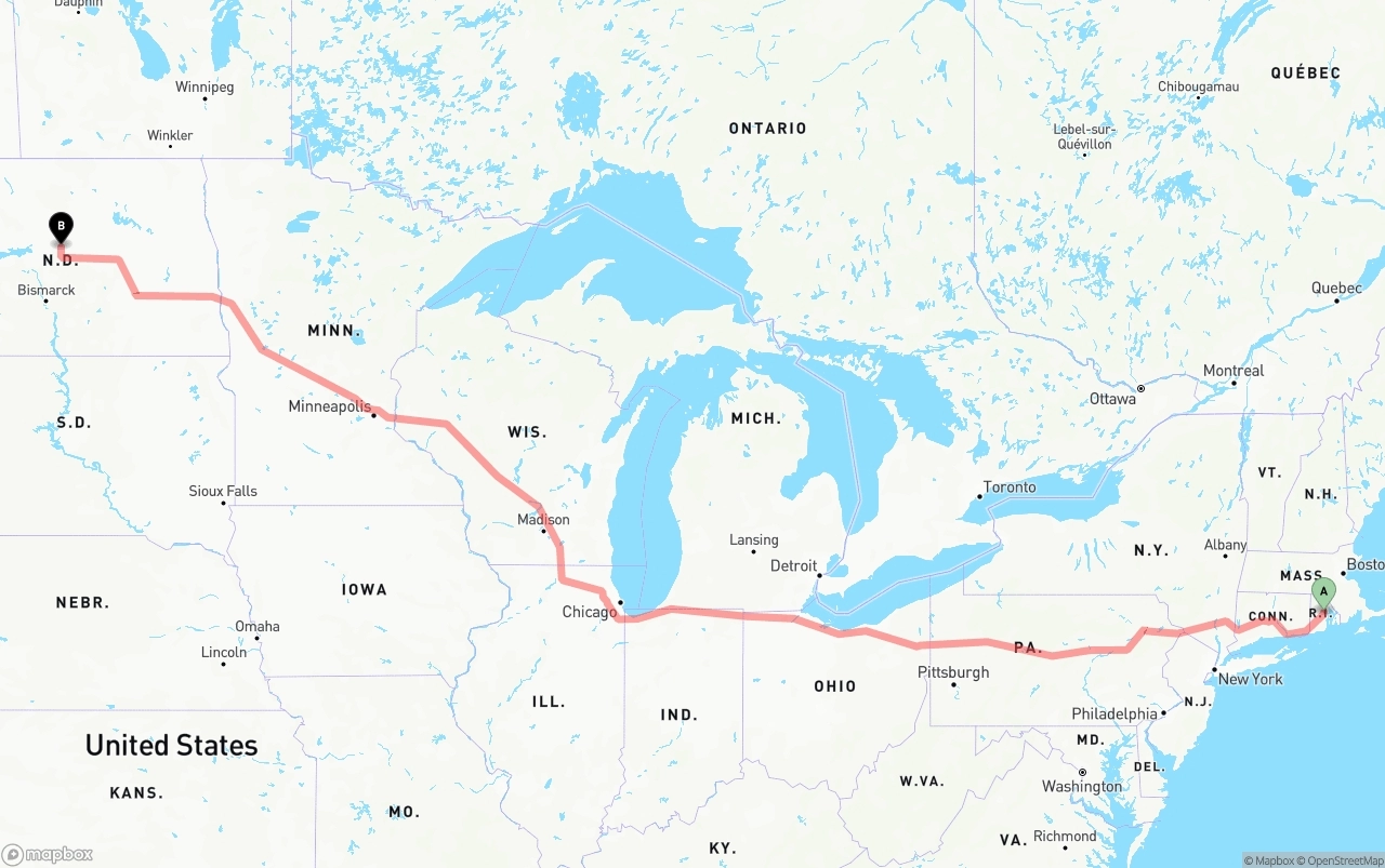 Shipping route from Rhode Island to North Dakota