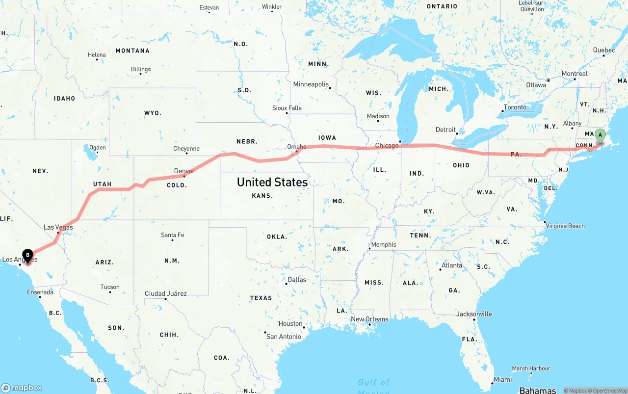Shipping route from Rhode Island to Ontario International Airport