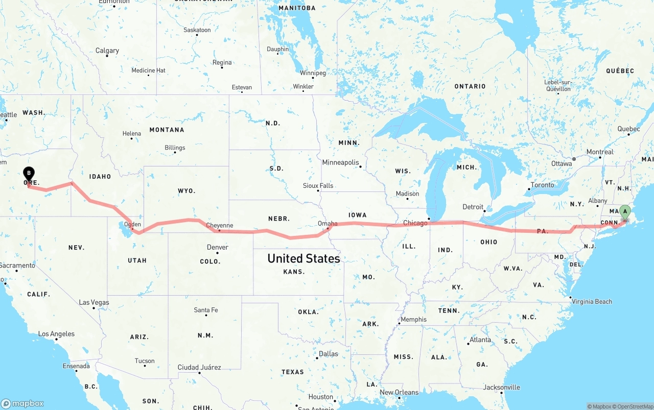 Shipping route from Rhode Island to Oregon