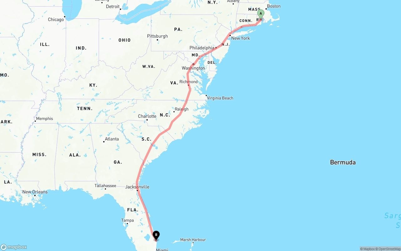 Shipping route from Rhode Island to Palm Beach International Airport