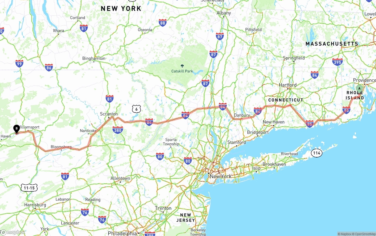 Shipping route from Rhode Island to Pennsylvania