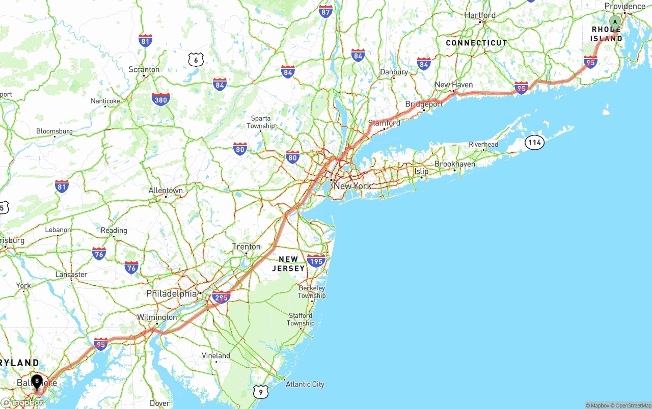 Shipping route from Rhode Island to Port of Baltimore