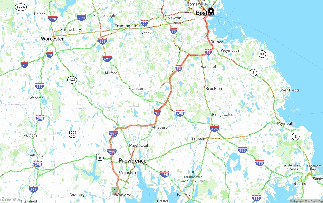 Shipping route from Rhode Island to Port of Boston