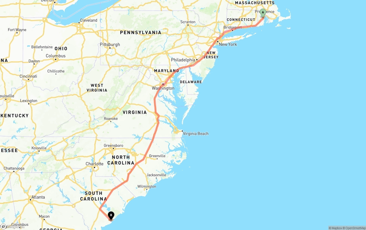 Shipping route from Rhode Island to Port of Charleston