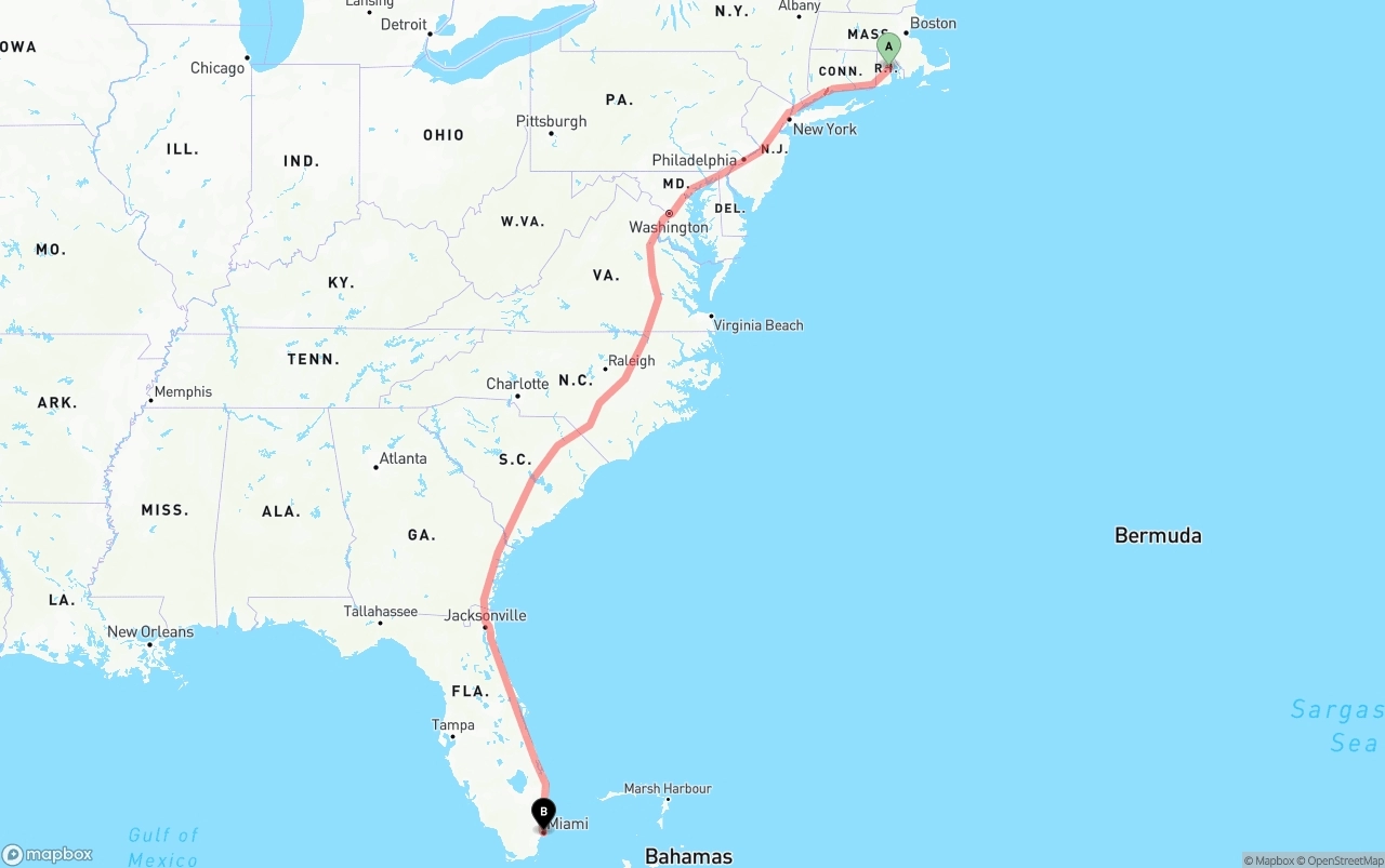 Shipping route from Rhode Island to Port of Miami