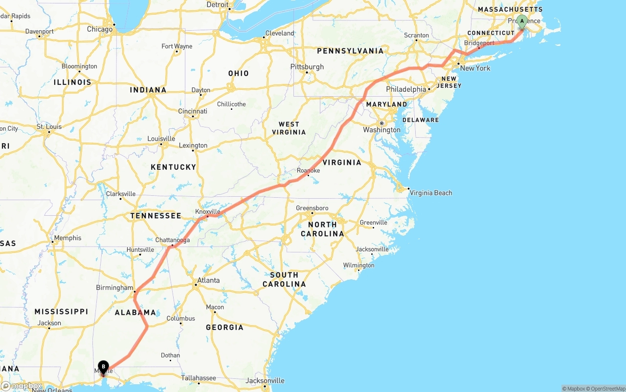 Shipping route from Rhode Island to Port of Mobile