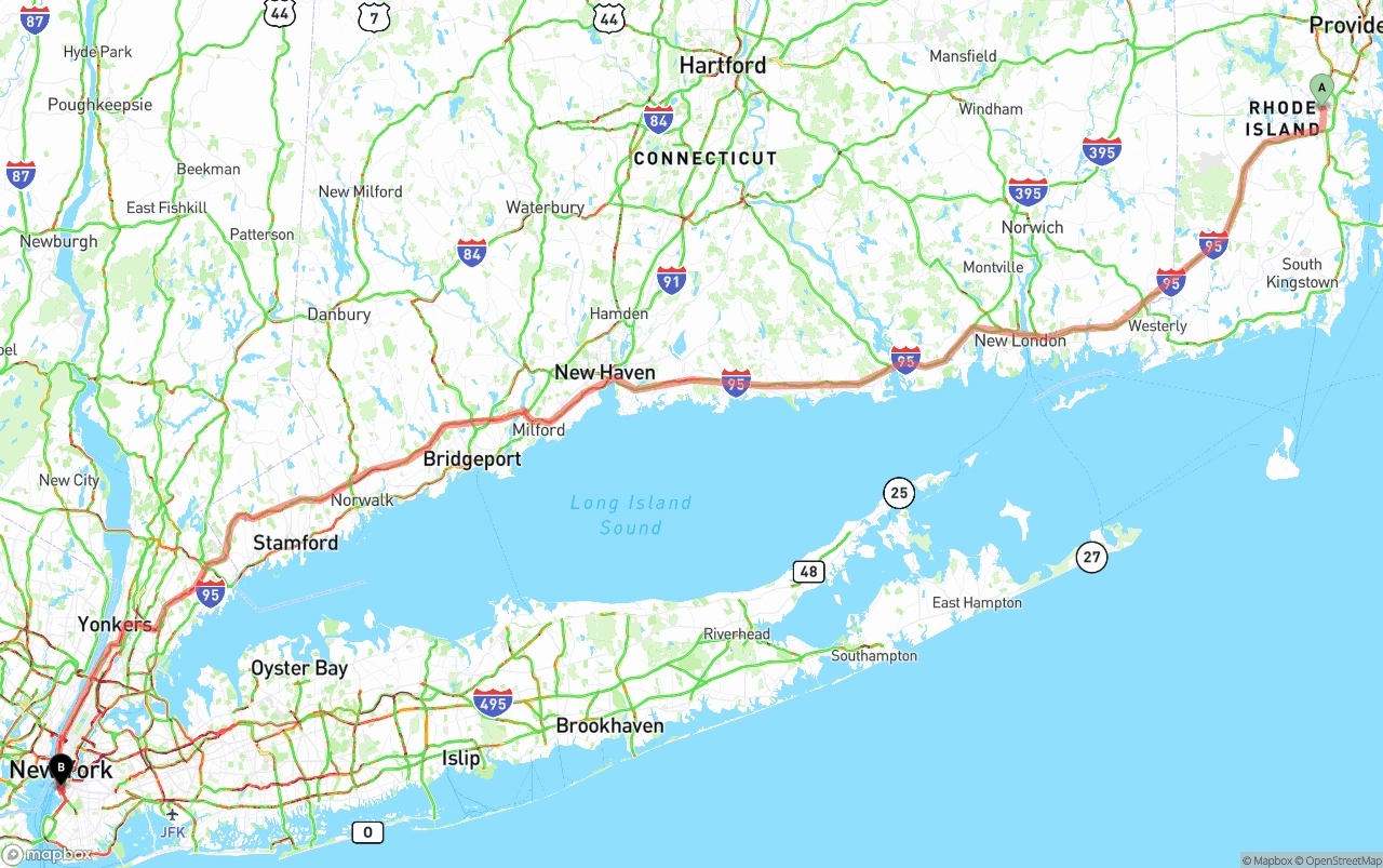 Shipping route from Rhode Island to Port of New York