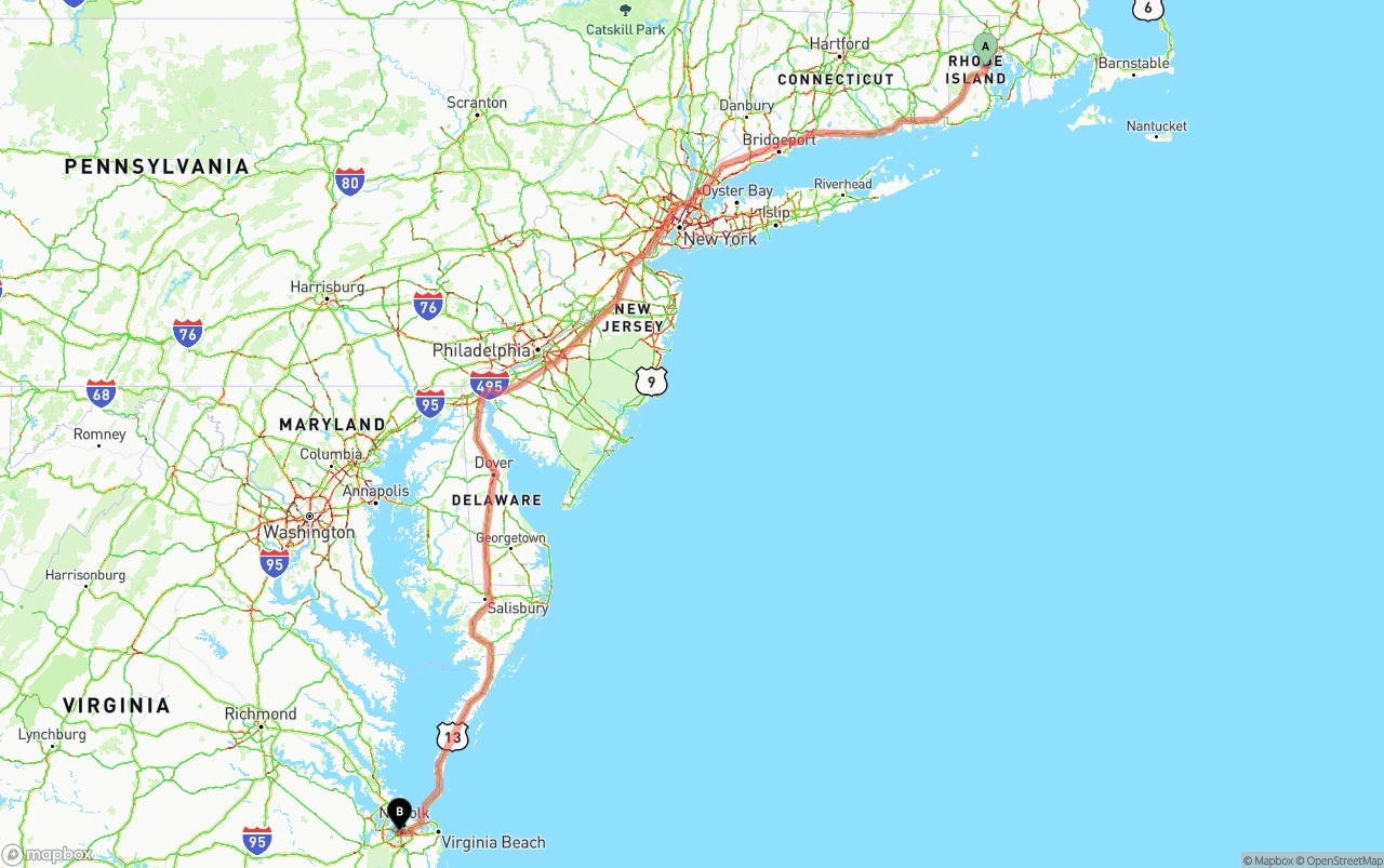Shipping route from Rhode Island to Port of Norfolk