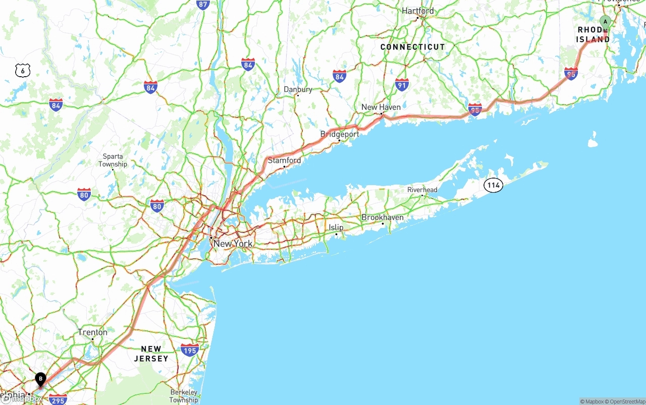 Shipping route from Rhode Island to Port of Philadelphia