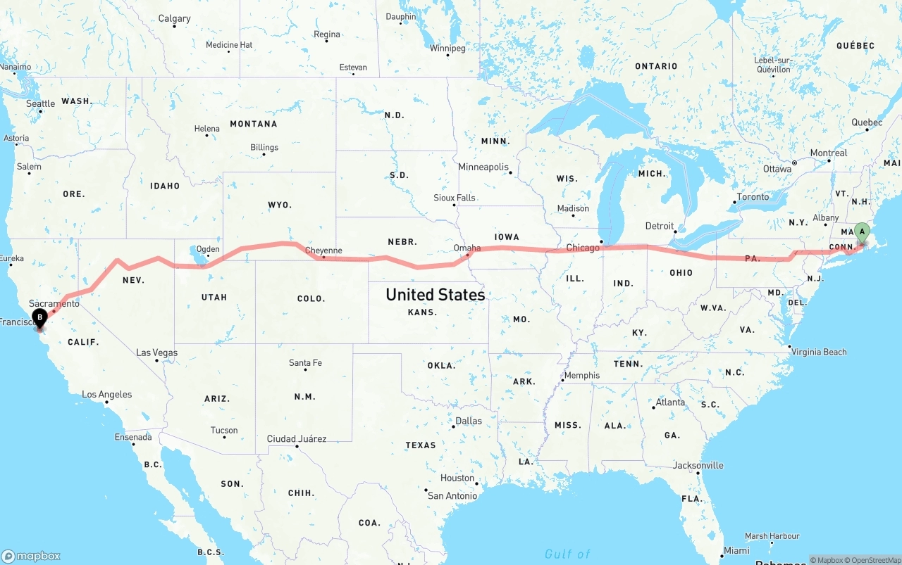 Shipping route from Rhode Island to San Francisco International Airport