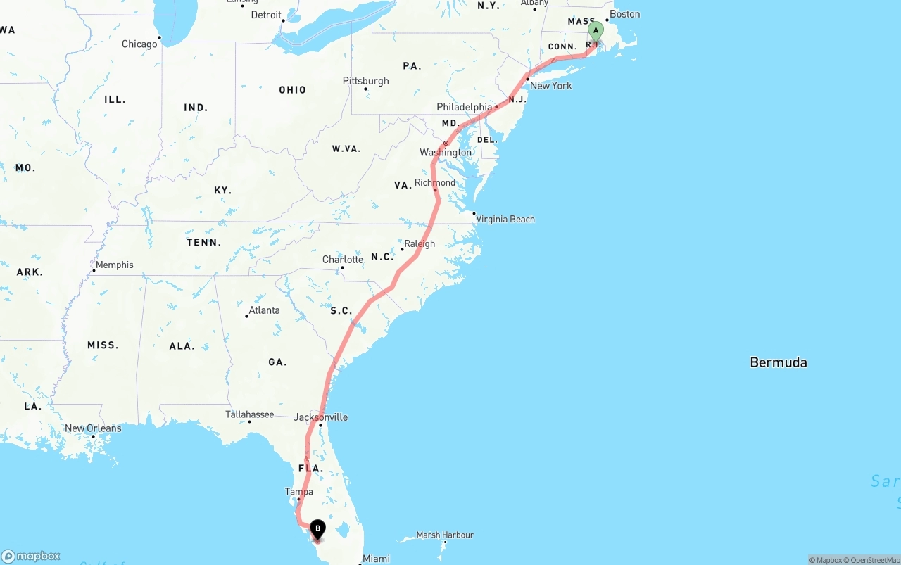 Shipping route from Rhode Island to Southwest Florida International Airport