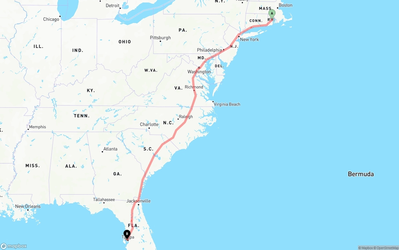 Shipping route from Rhode Island to Tampa International Airport