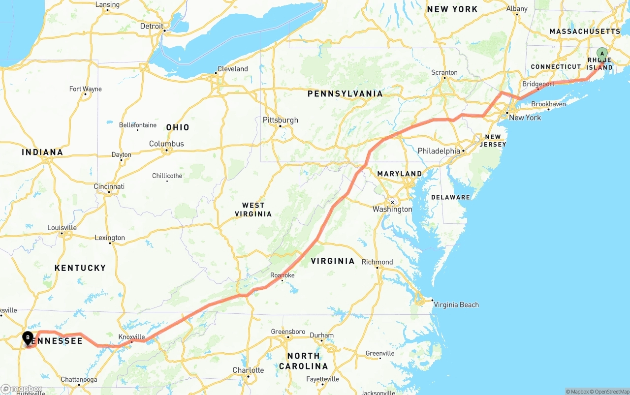 Shipping route from Rhode Island to Tennessee
