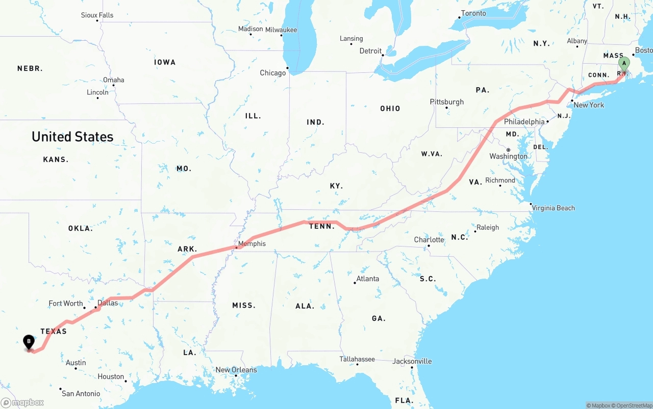 Shipping route from Rhode Island to Texas