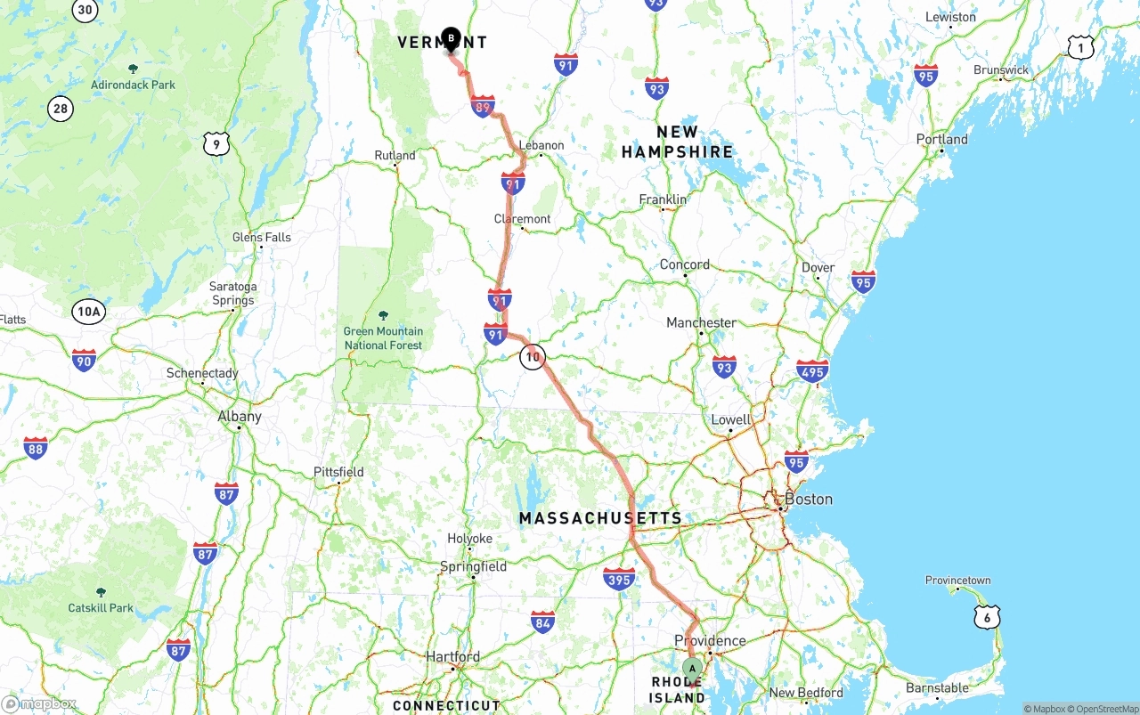 Shipping route from Rhode Island to Vermont