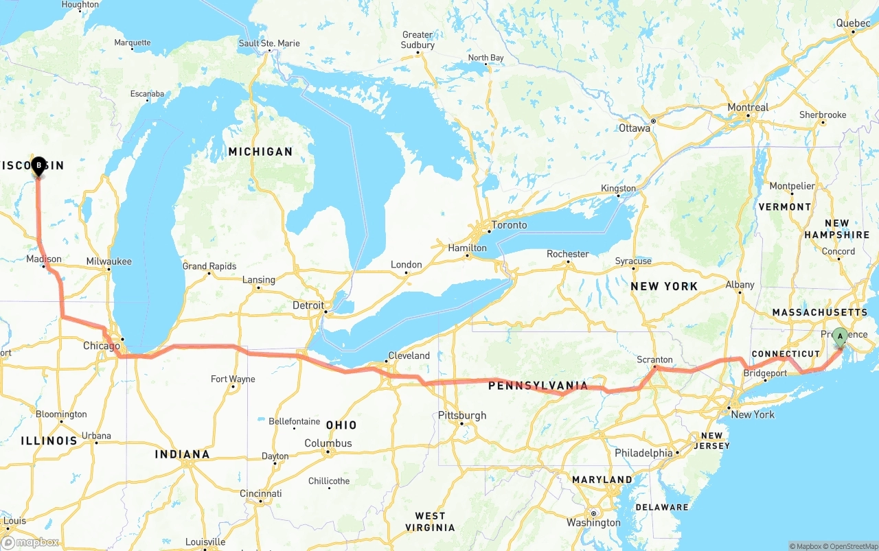 Shipping route from Rhode Island to Wisconsin