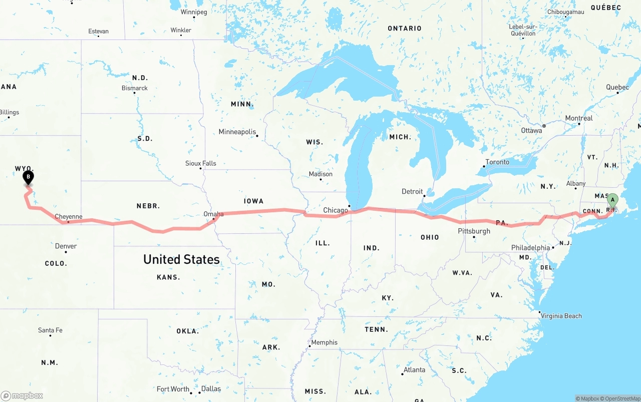 Shipping route from Rhode Island to Wyoming