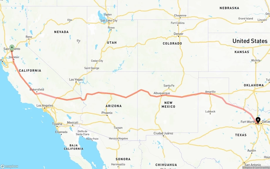 Sacramento to Arlington freight shipping route map