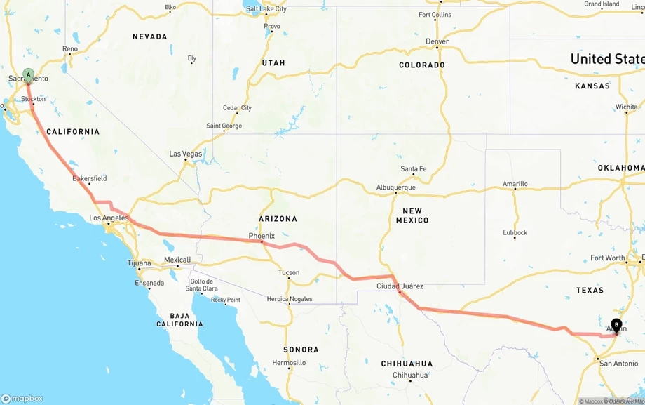 Sacramento to Austin freight shipping route map