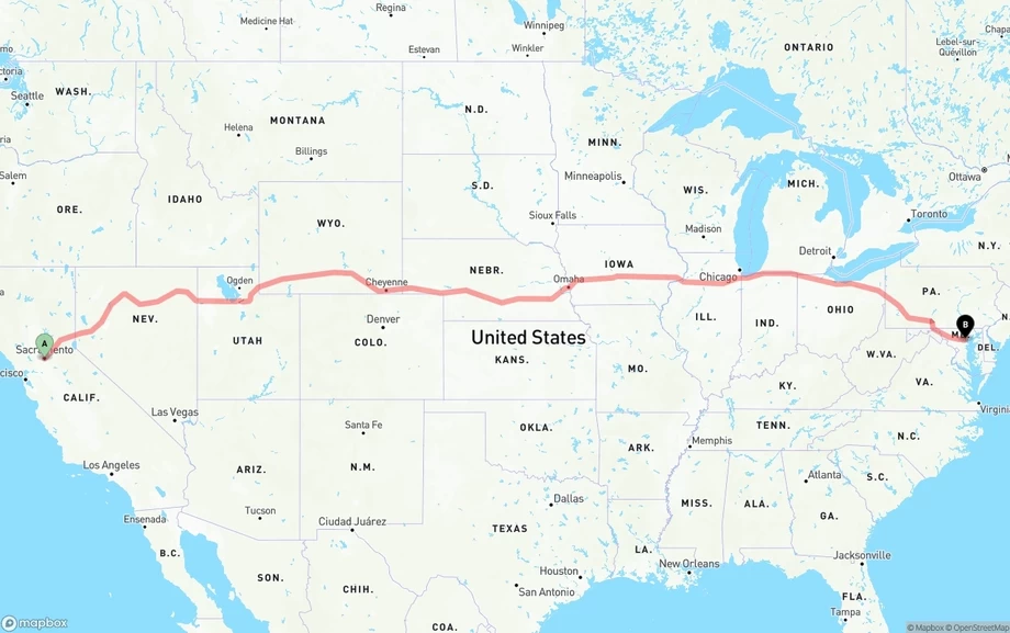 Sacramento to Baltimore freight shipping route map