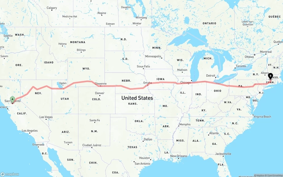 Sacramento to Bradley International Airport freight shipping route map