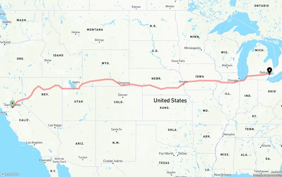 Sacramento to Detroit freight shipping route map