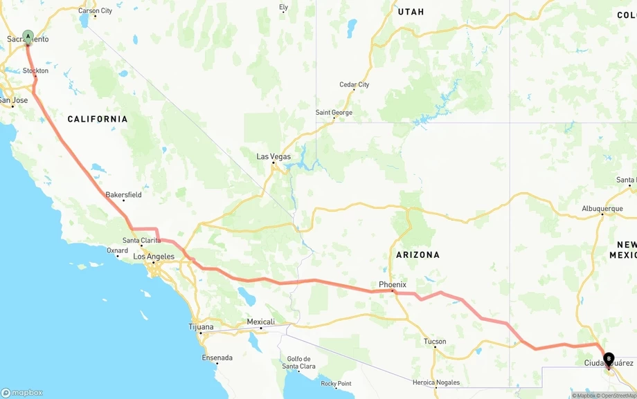 Sacramento to El Paso freight shipping route map