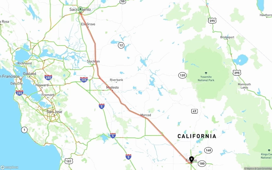 Sacramento to Fresno freight shipping route map