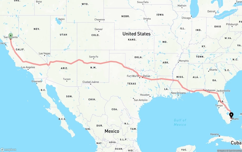Sacramento to Ft. Lauderdale freight shipping route map