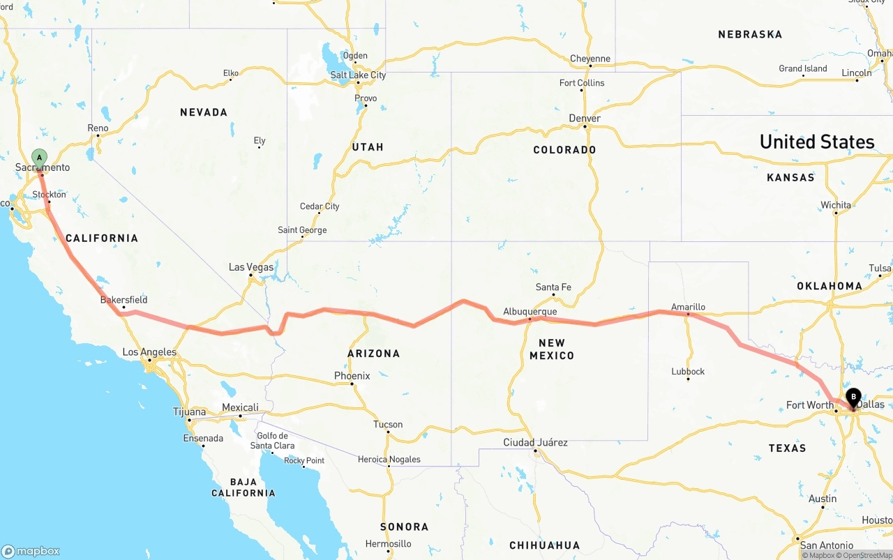 Shipping route from Sacramento International Airport to Dallas