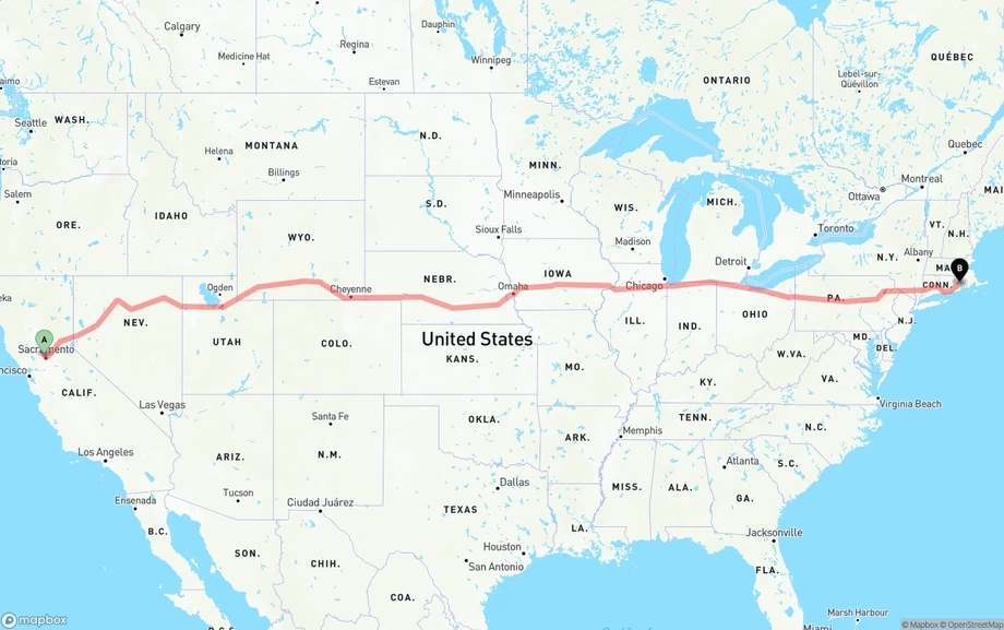 Sacramento International Airport to Rhode Island freight shipping route map