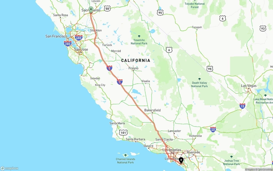 Sacramento to John Wayne Airport — Orange County freight shipping route map