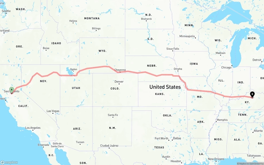 Sacramento to Lexington freight shipping route map