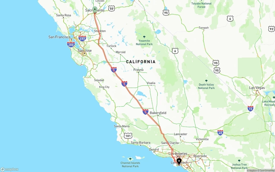 Sacramento to Long Beach freight shipping route map