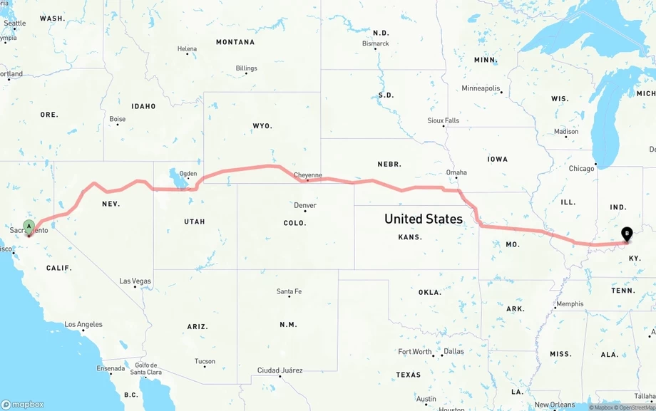 Sacramento to Louisville freight shipping route map