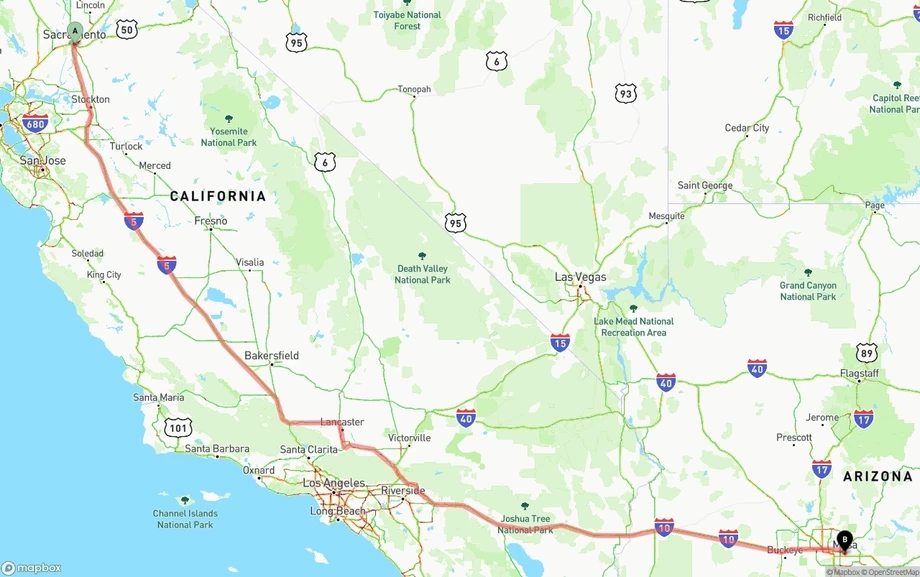 Sacramento to Mesa freight shipping route map